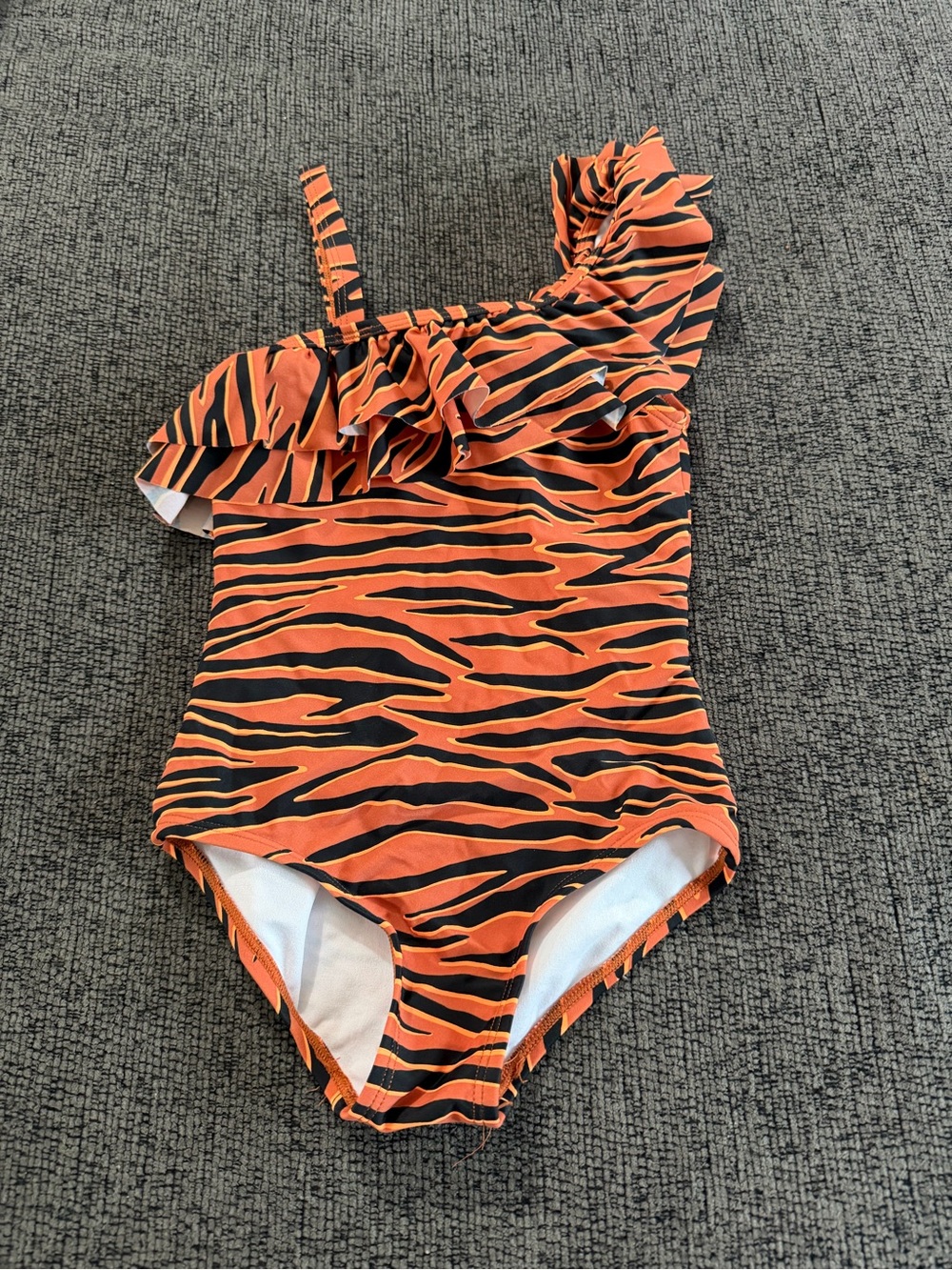 Orange & Black Tiger Stripe One-Shoulder Ruffle Swimsuit
